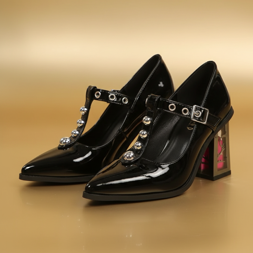 Black Alternative Edge Pumps with subtle elegant gold backdrop