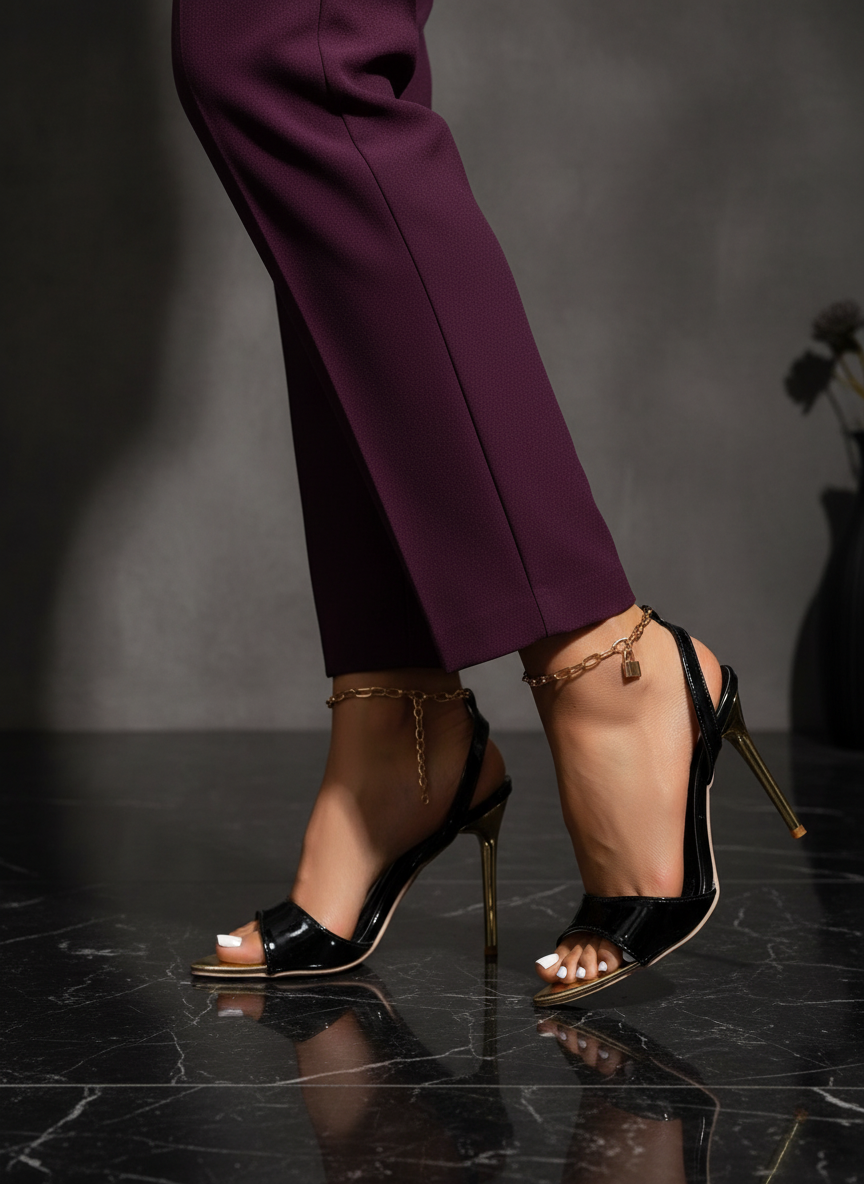 Black Open Toe Stiletto Sandals on model's leg with dark purple bottoms