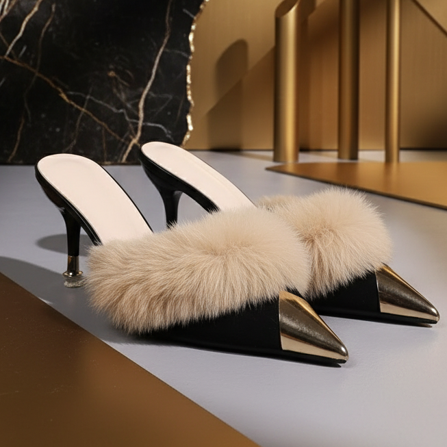 Pointed Toe Fur-Trimmed Sandals with elegant gold edgy backdrop
