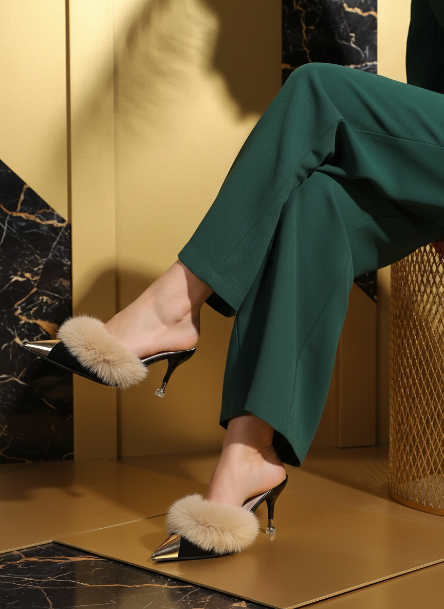Pointed Toe Fur-Trimmed Sandals with model sitting, legs crossed in dark green pants