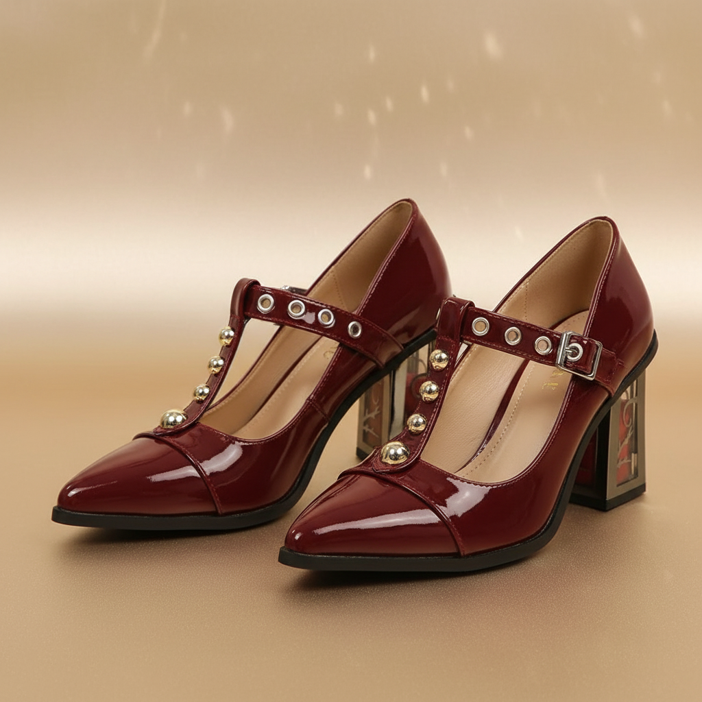 Red Alternative Edge Pumps with subtle elegant gold backdrop